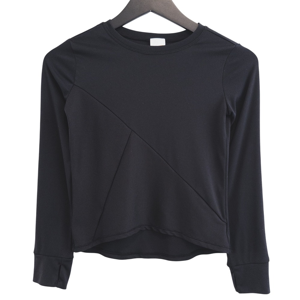 Avia Long Sleeve Workout Shirt Girls M 7-8 Black Ribbed Panel Activewear Gym
